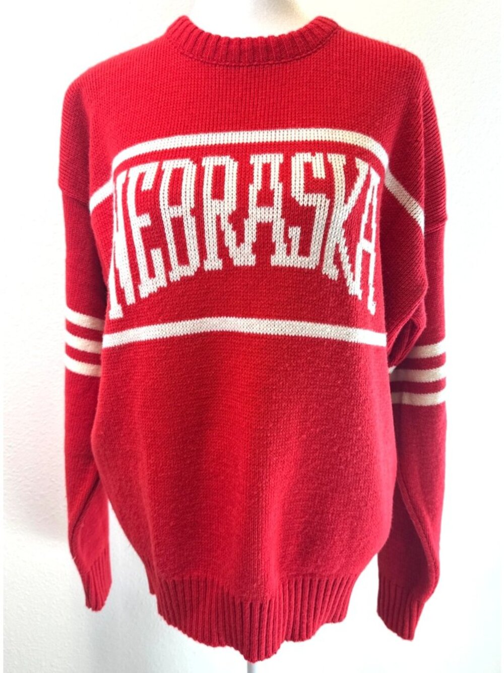 Vtg 1984 Cliff Engle Nebraska Sweater Red White Striped Knit Crewneck Unisex